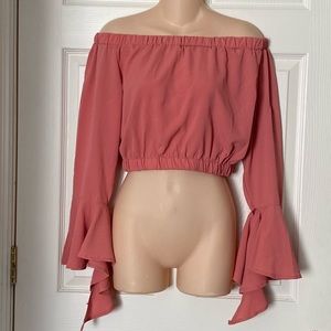New Off Shoulder Ruffle Sleeve Top Pink S